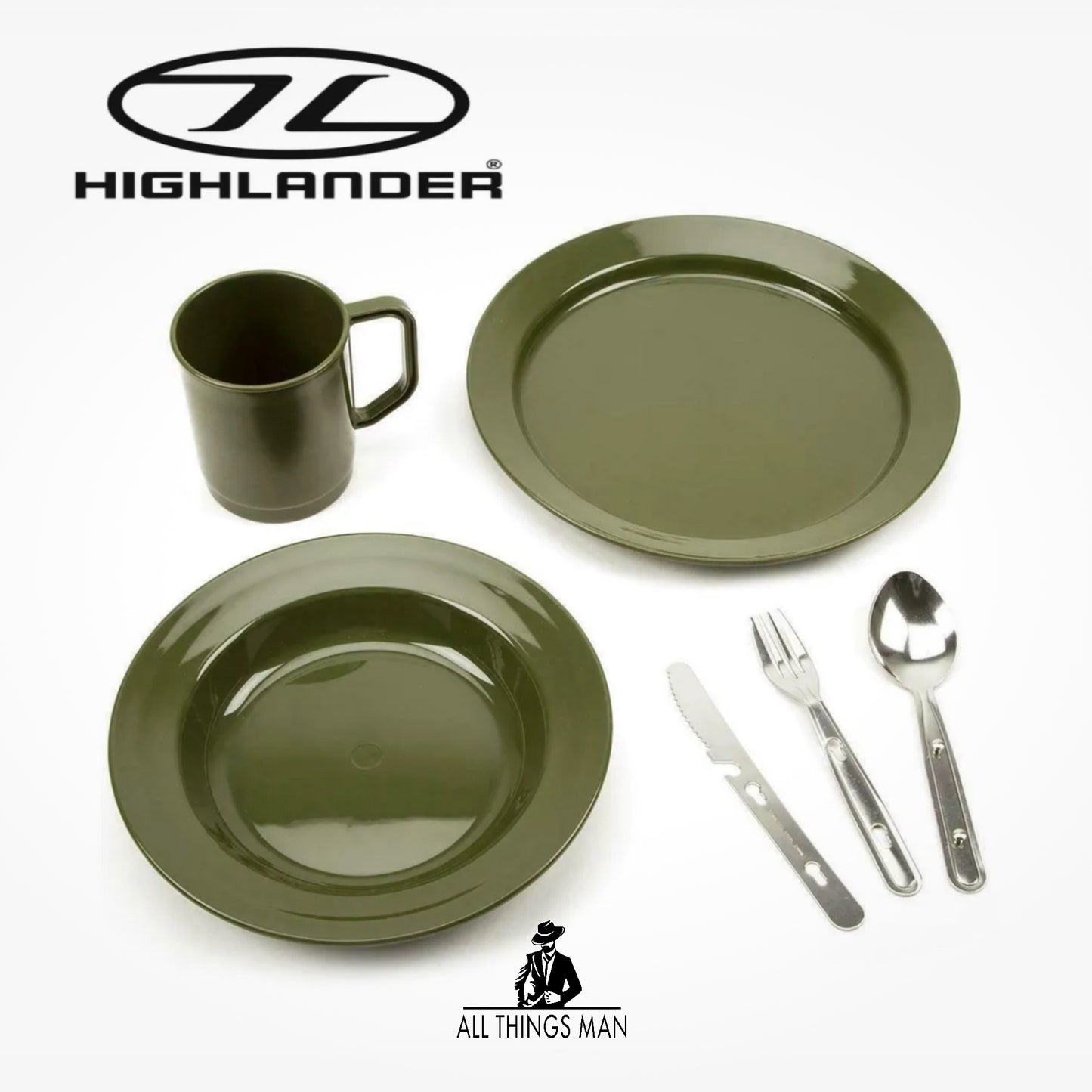 Highlander 1 Person Camping Dinner Set Mug Plate Bowl Cutlery Set Olive