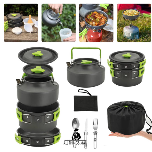 15pcs Camping Cookware Kit Hiking Picnic Cooking Bowl Pot Pan Knife Spoon Set