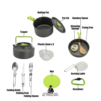 15pcs Camping Cookware Kit Hiking Picnic Cooking Bowl Pot Pan Knife Spoon Set