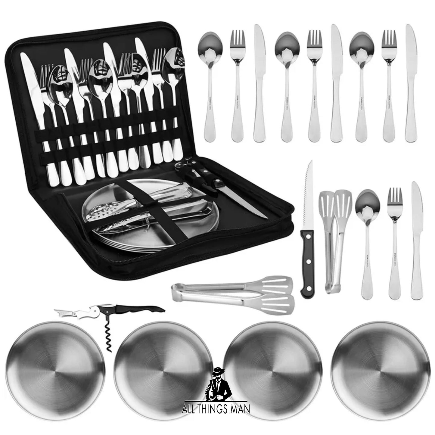 Camping Picnic Party Cutlery Set In Wallet 4 Person Stainless Steel Camper W/Bag