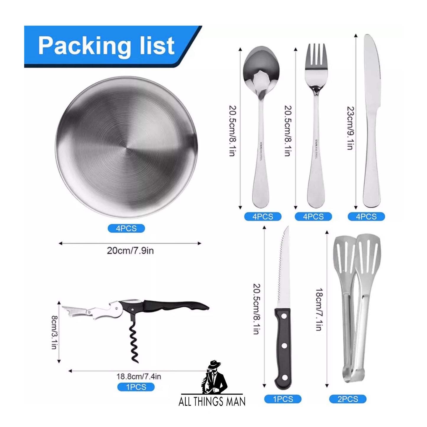 Camping Picnic Party Cutlery Set In Wallet 4 Person Stainless Steel Camper W/Bag