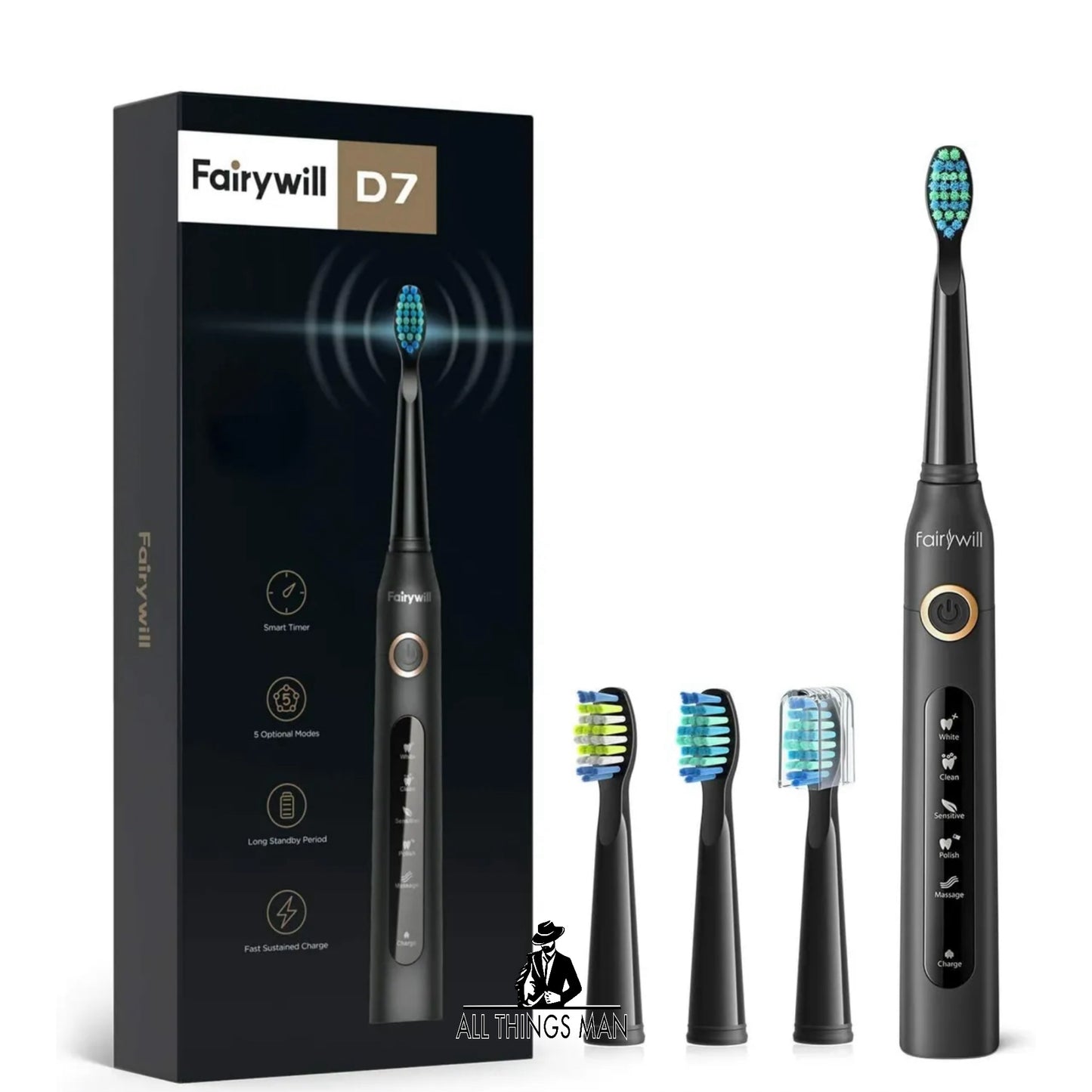 Fairywill Electric Toothbrush Rechargeable Black 5 Modes 4 Brush Heads Travel