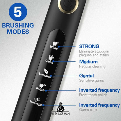 Fairywill Electric Toothbrush Rechargeable Black 5 Modes 4 Brush Heads Travel