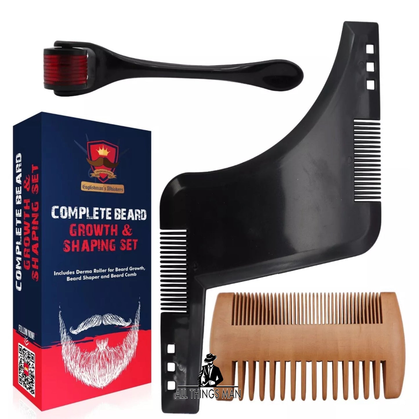 Beard Growth Kit for Men | Derma Roller Shaping Shaper Tool Grooming Wood Comb