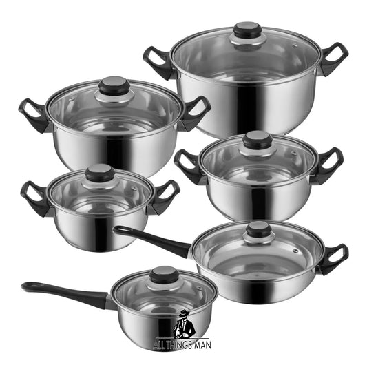 12 Piece Stainless Steel Cookware Saucepan Set Pan Pot Kitchen Cooking Glass Lid.  ATM.CO.PS01A