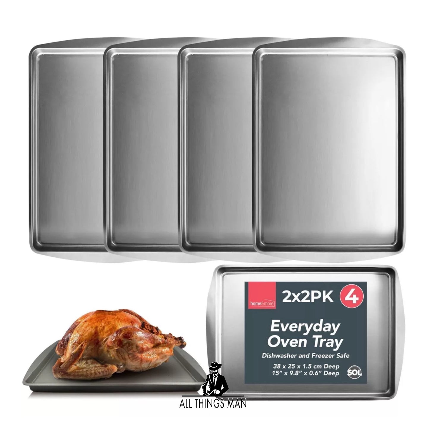 4 Oven Tray Set 38 x 25cm Large Roasting Pan Baking Bakeware Kitchen Steel Sheet.      ATM.CO.OT01B