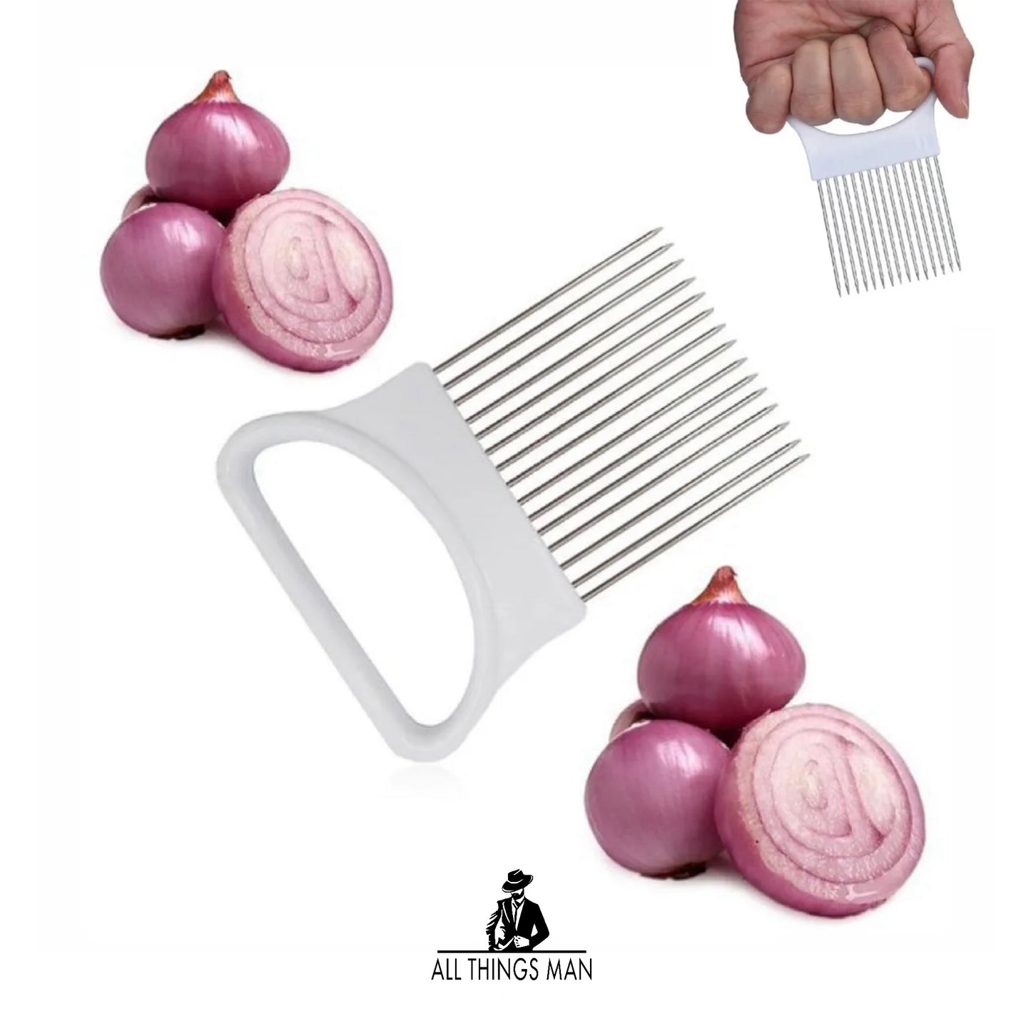 Stainless Steel Onion Slicer Vegetable Holder Cutter Kitchen Tools Gadget.       ATM.CO.KG.OS01A