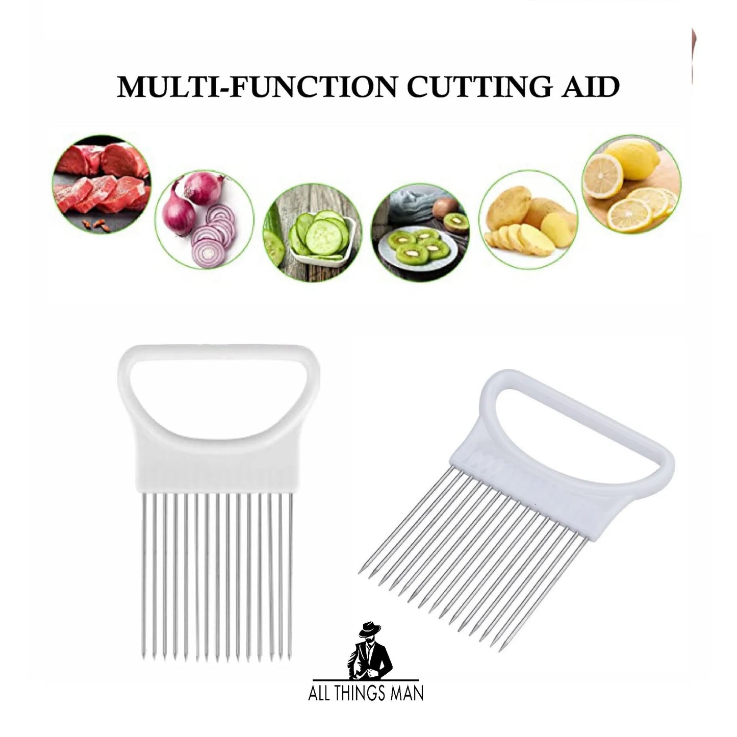 Stainless Steel Onion Slicer Vegetable Holder Cutter Kitchen Tools Gadget.       ATM.CO.KG.OS01A