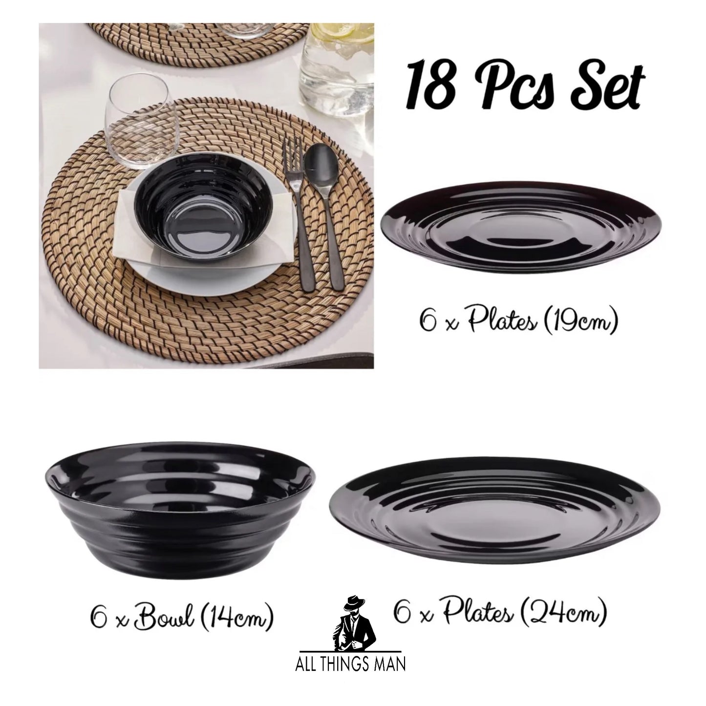 Black Dinnerware Bowl Plates Crockery Round Dinner Set Tableware 18 Pc.       ATM.CO.TBW.PL01B