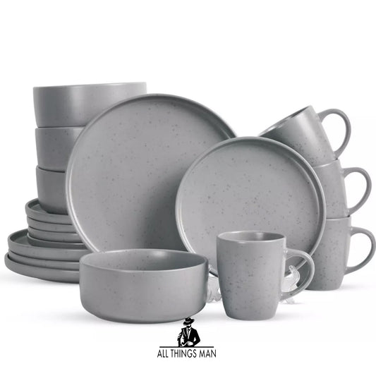 16 Piece Stoneware Dinnerware Set Kitchen Dining Set Mugs Bowls Plates, Grey.      ATM.CO.TBW.PL01C