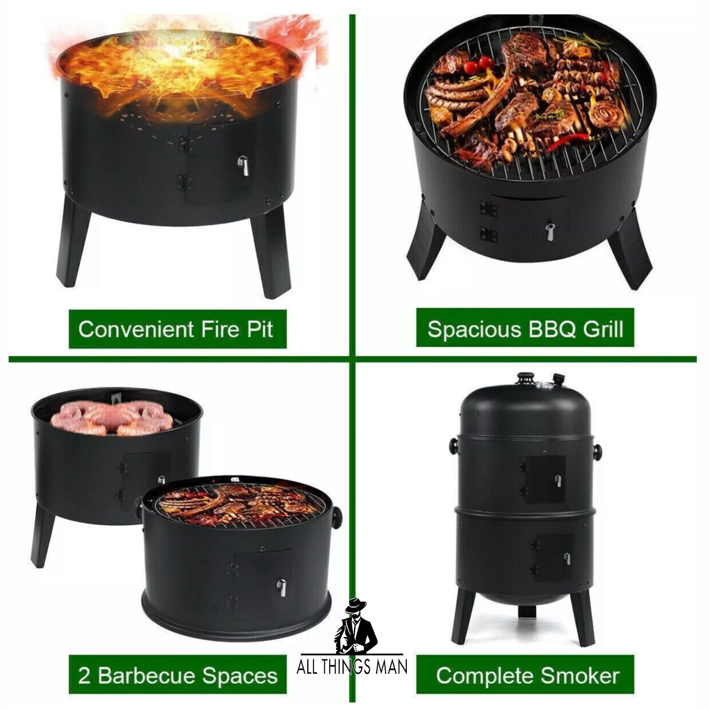 3 in 1 Black BBQ Charcoal Grill Barbecue Smoker Garden Outdoor Cooking Steel Pot.    ATM.CO.OC.SM01A47.99