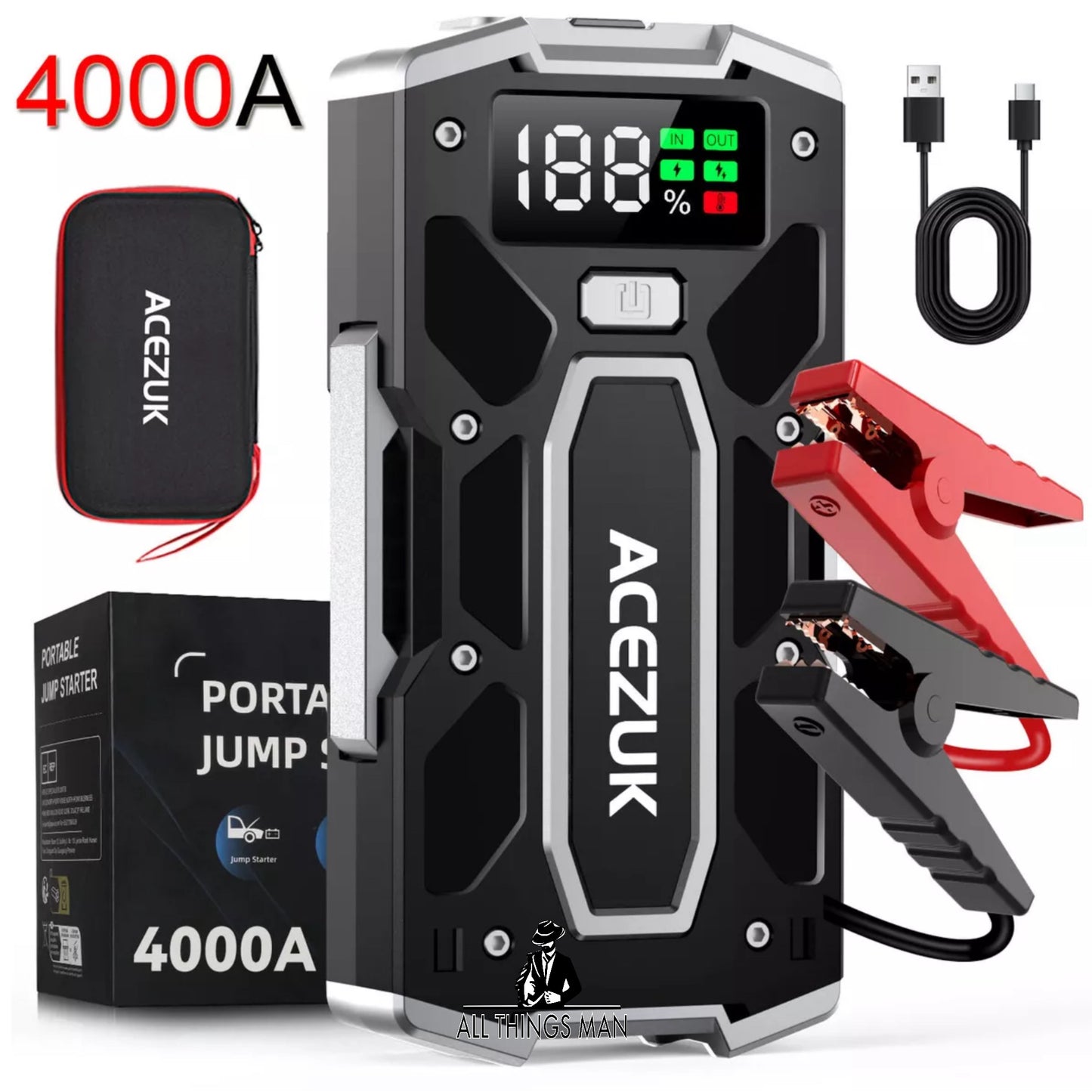 4000A Car Jump Starter Pack 12V Booster Power Bank USB LED LCD Battery Charger