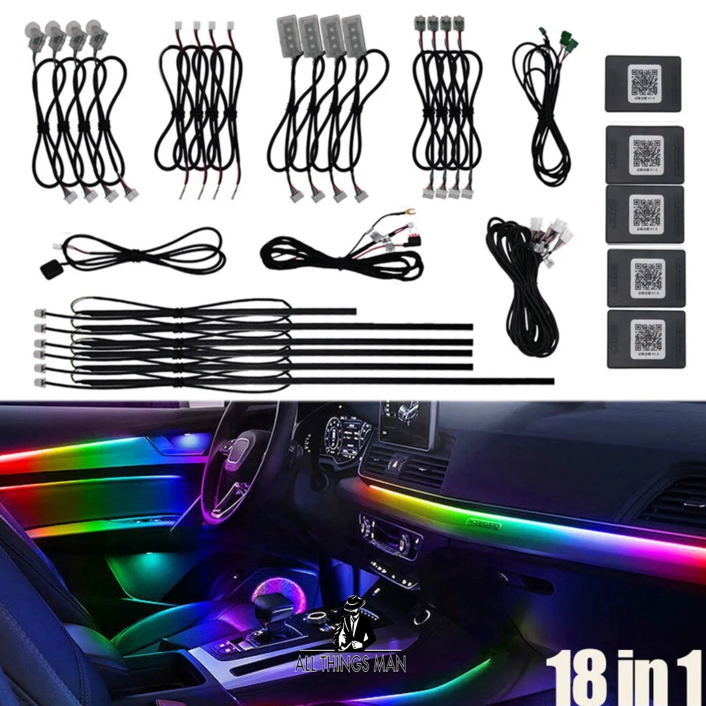 18 in 1 Full RGB LED Bead Symphony Dream Car Interior Ambient Lighting Kit APP