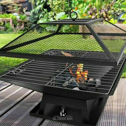 SQUARE FIRE PIT BBQ GRILL HEATER OUTDOOR GARDEN FIREPIT BRAZIER PATIO OUTSIDE