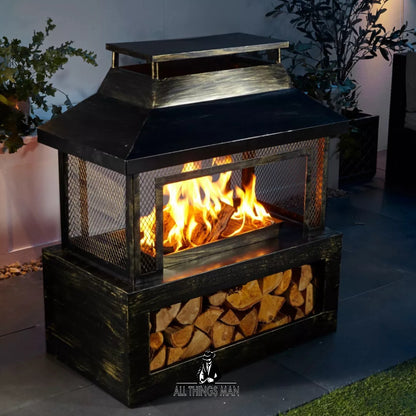 Neo Steel Outdoor Log Burner Fire Pit Chiminea Heater Mesh Surround and Storage