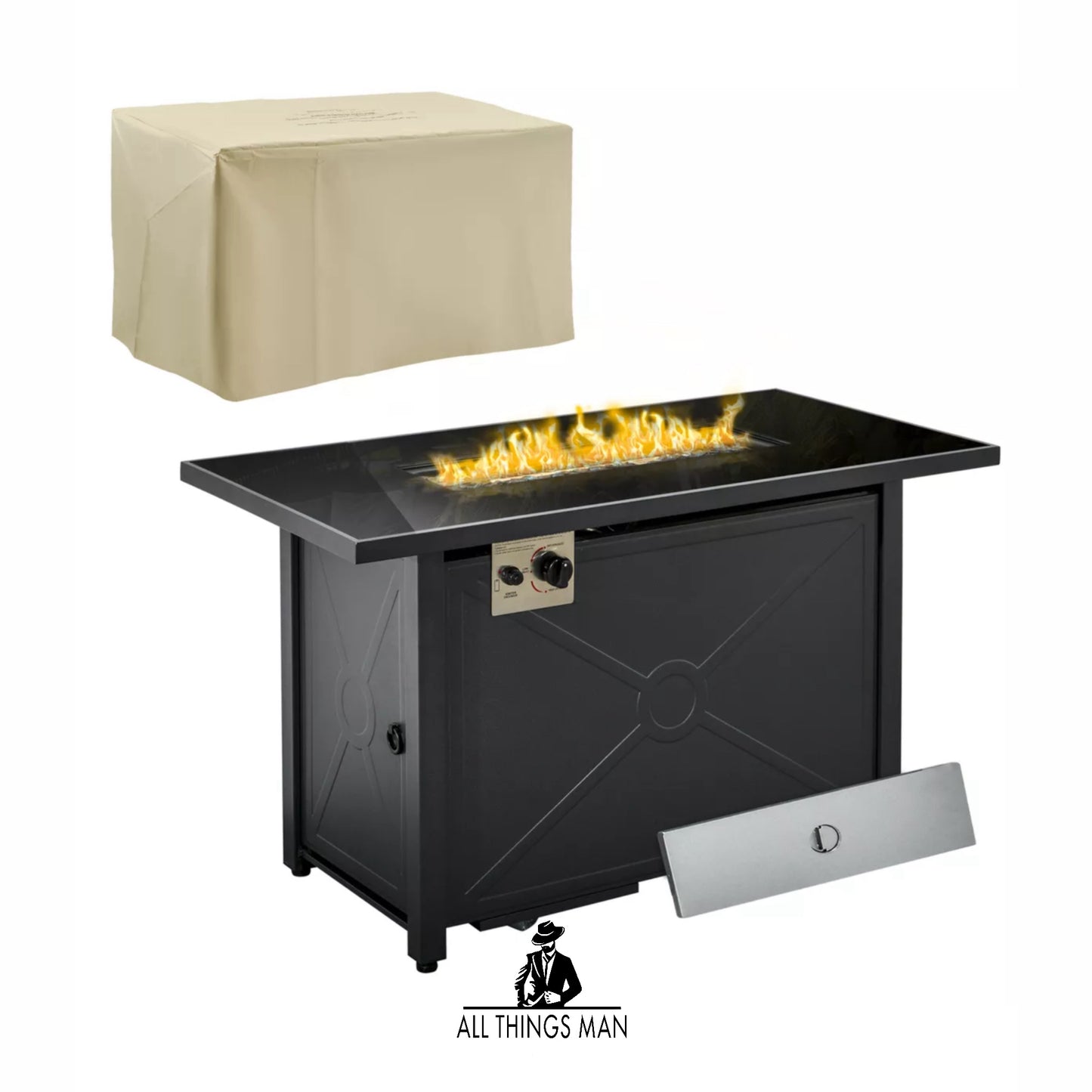 Outsunny Outdoor Propane Gas Fire Pit Table w/ Rain Cover, 50000 BTU, Black