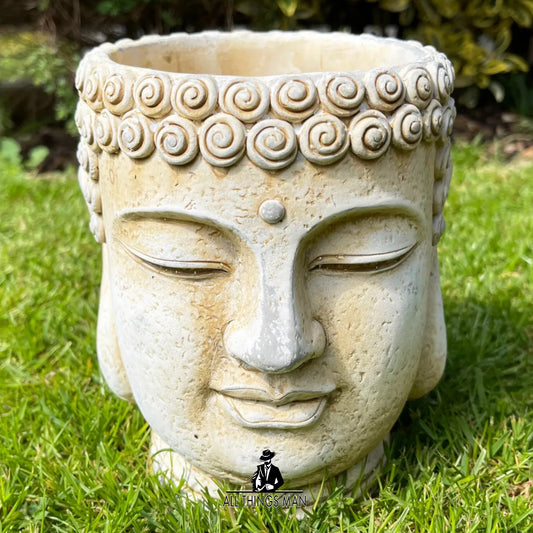 Buddha Head Planter Cement White Garden Ornament Outdoor Zen Buddhist Plant Pot