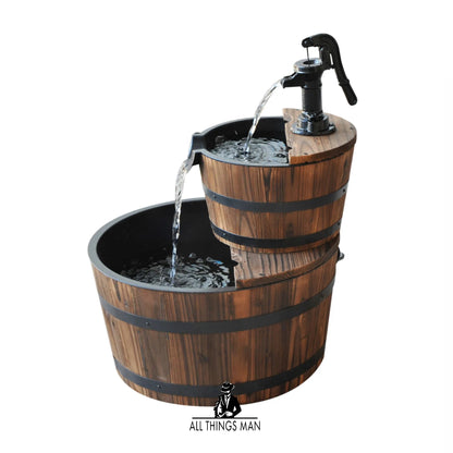 Wooden Water Pump Fountain 2 Tier Cascading Feature Barrel Garden Deck