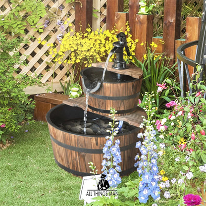 Wooden Water Pump Fountain 2 Tier Cascading Feature Barrel Garden Deck