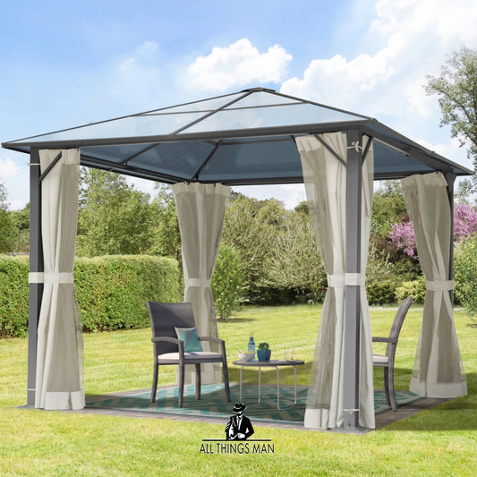 Garden gazebo 3x3.65 m hardtop polycarbonate pavilion sides & mosquito nets