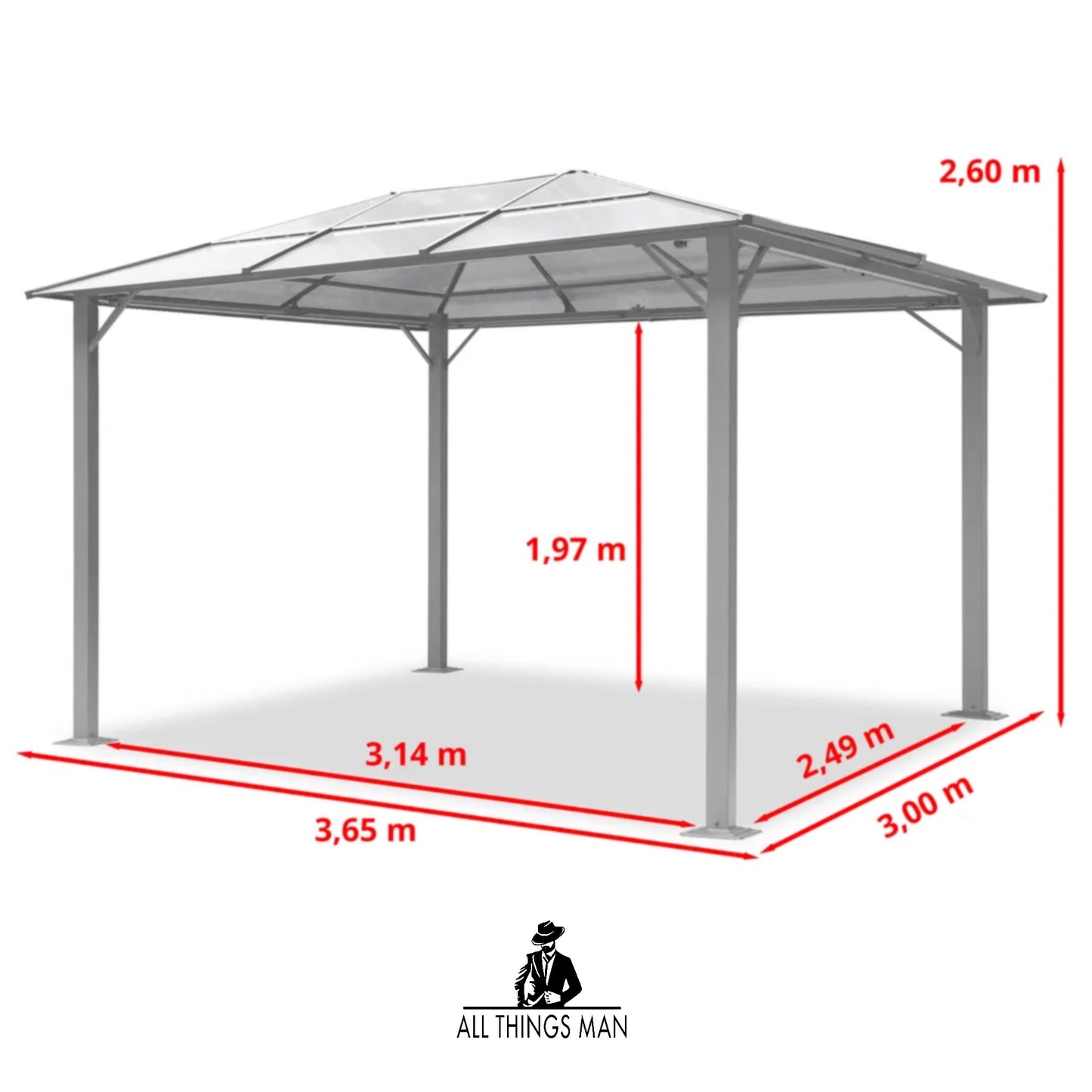 Garden gazebo 3x3.65 m hardtop polycarbonate pavilion sides & mosquito nets