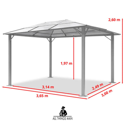 Garden gazebo 3x3.65 m hardtop polycarbonate pavilion sides & mosquito nets