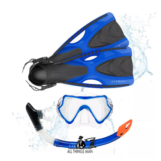 Osprey Adults Snorkel Set with Flippers, 3 Piece Diving Set Blue Size L/XL