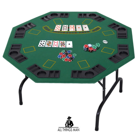 8 Player Folding Games Poker Table w/ Chip Cup Holder Steel Base Casino Green