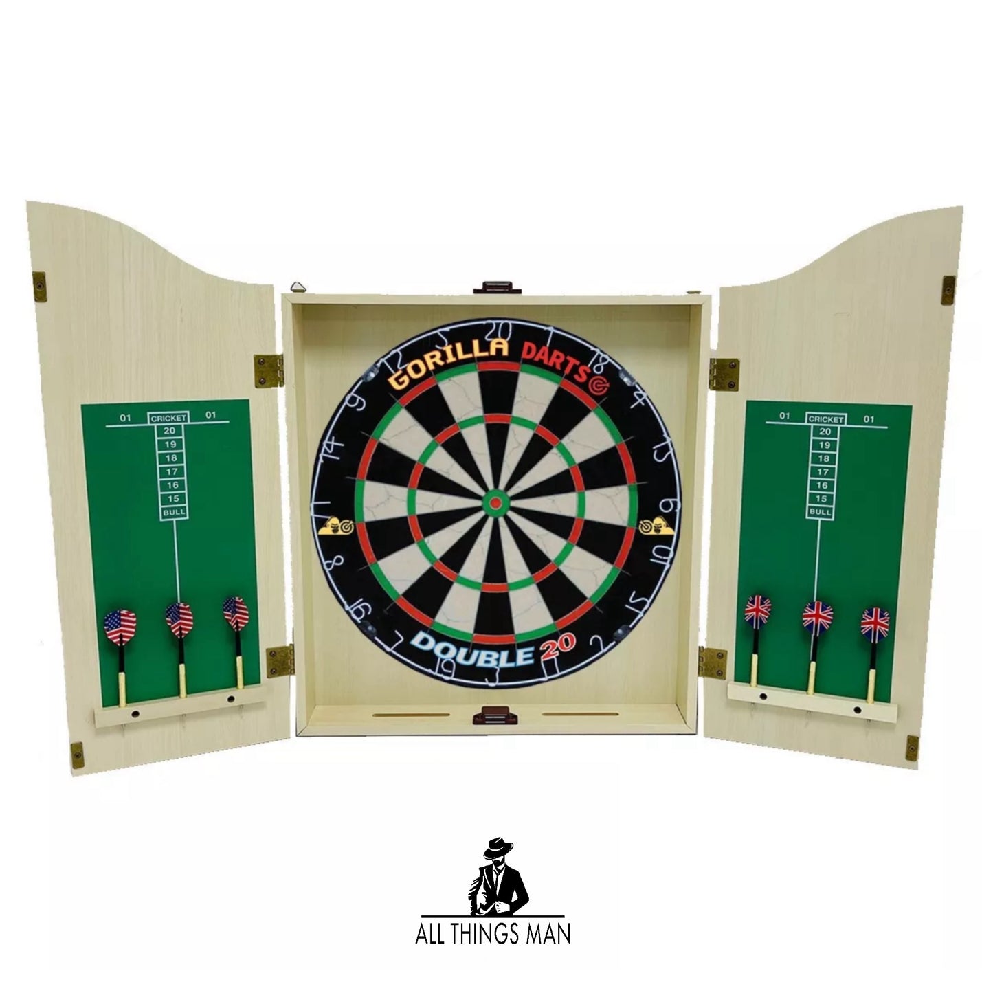 Gorilla Darts Centre Set MDF Light Oak Cabinet Set Dartboard inc Darts Package