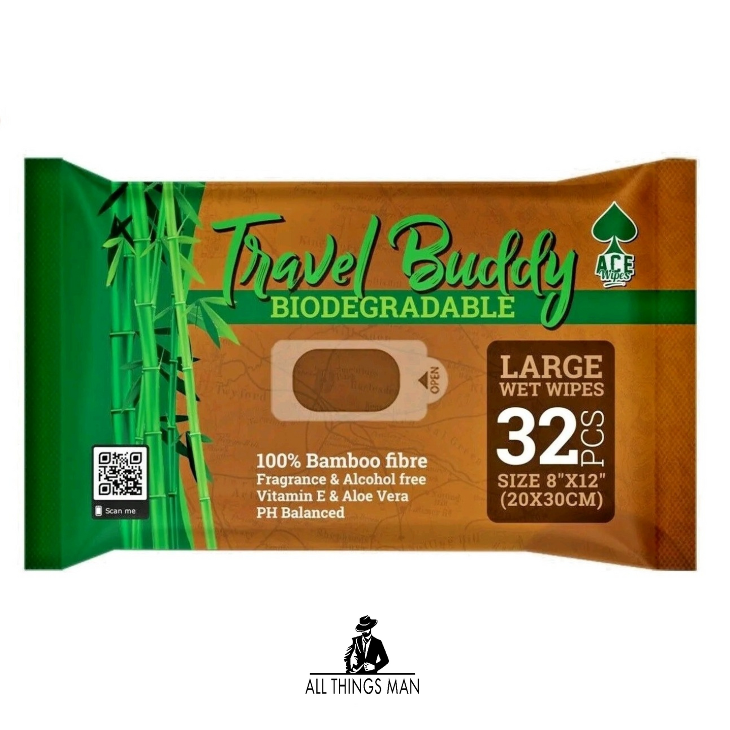 32pcs Large TRAVEL BUDDY Biodegradable Body Wet Wipes Camping, Festivals, Survival