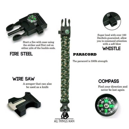 Paracord Bracelet Survival Kits Utility Firestarter Compass Whistle Rope Camping