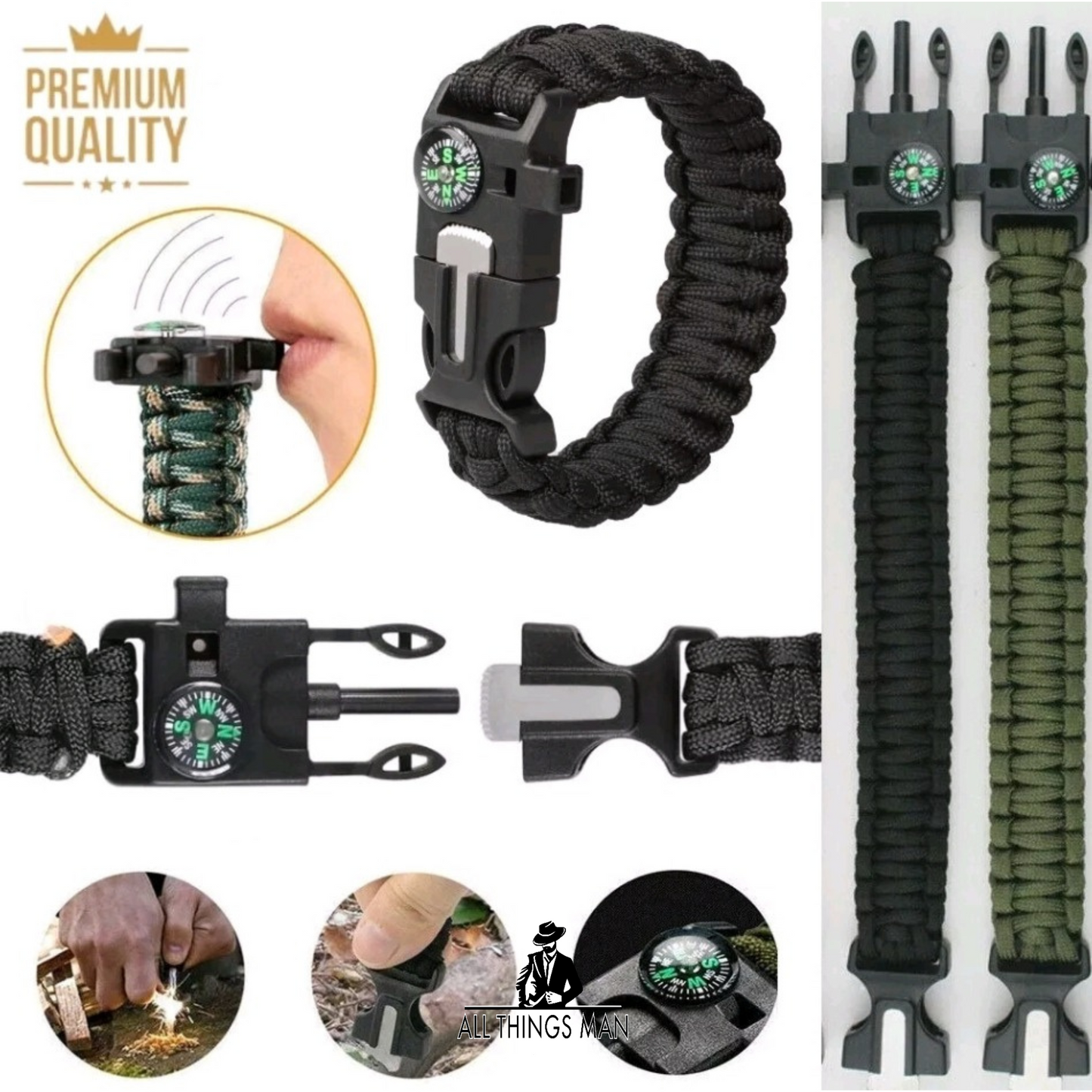 Paracord Bracelet Survival Kits Utility Firestarter Compass Whistle Rope Camping